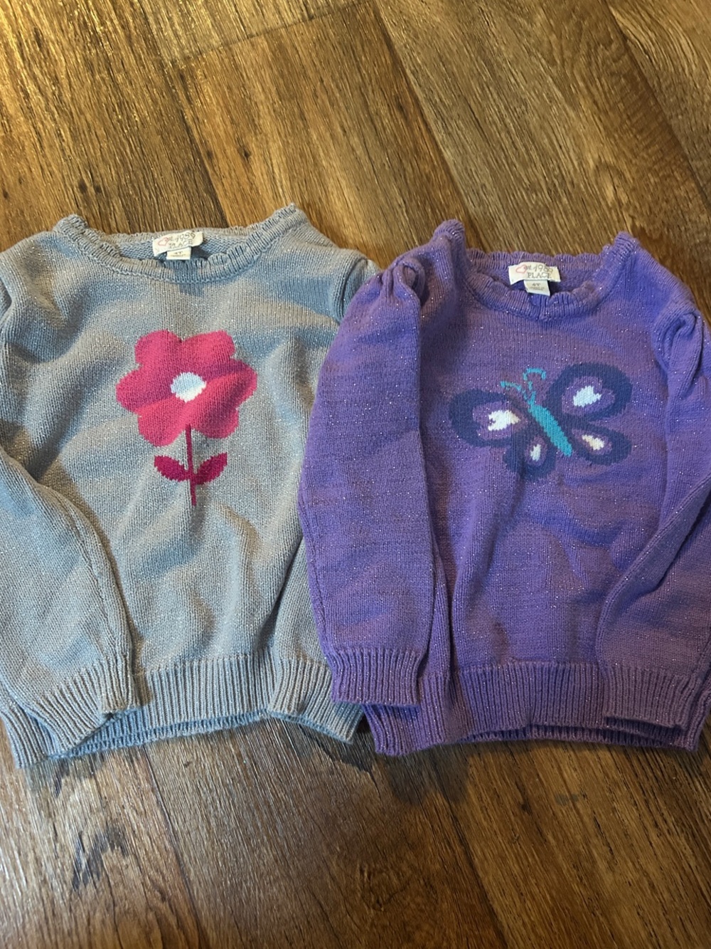 Girls Floral & Butterfly Knit Sweaters - Gray Flower, Purple Butterfly